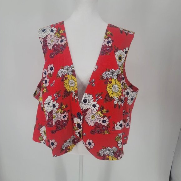 Modcloth Splash Of Inspiration Red Floral Vest 3 Button Women's Size 4X - Picture 2 of 8